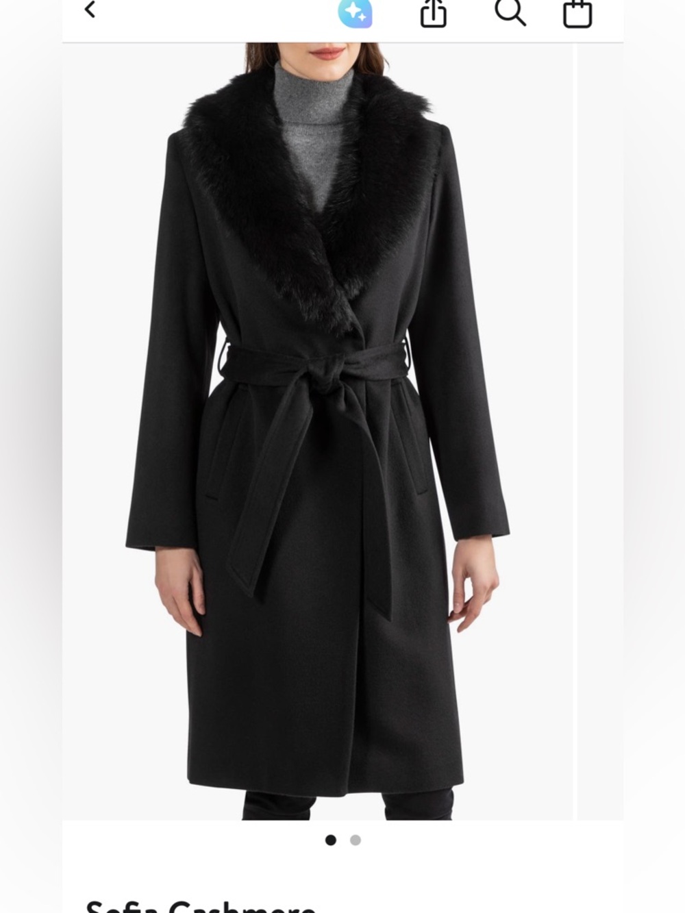 Sofia Cashmere Black Wool Faux Fur Collar Belted Coat NWT Size 8